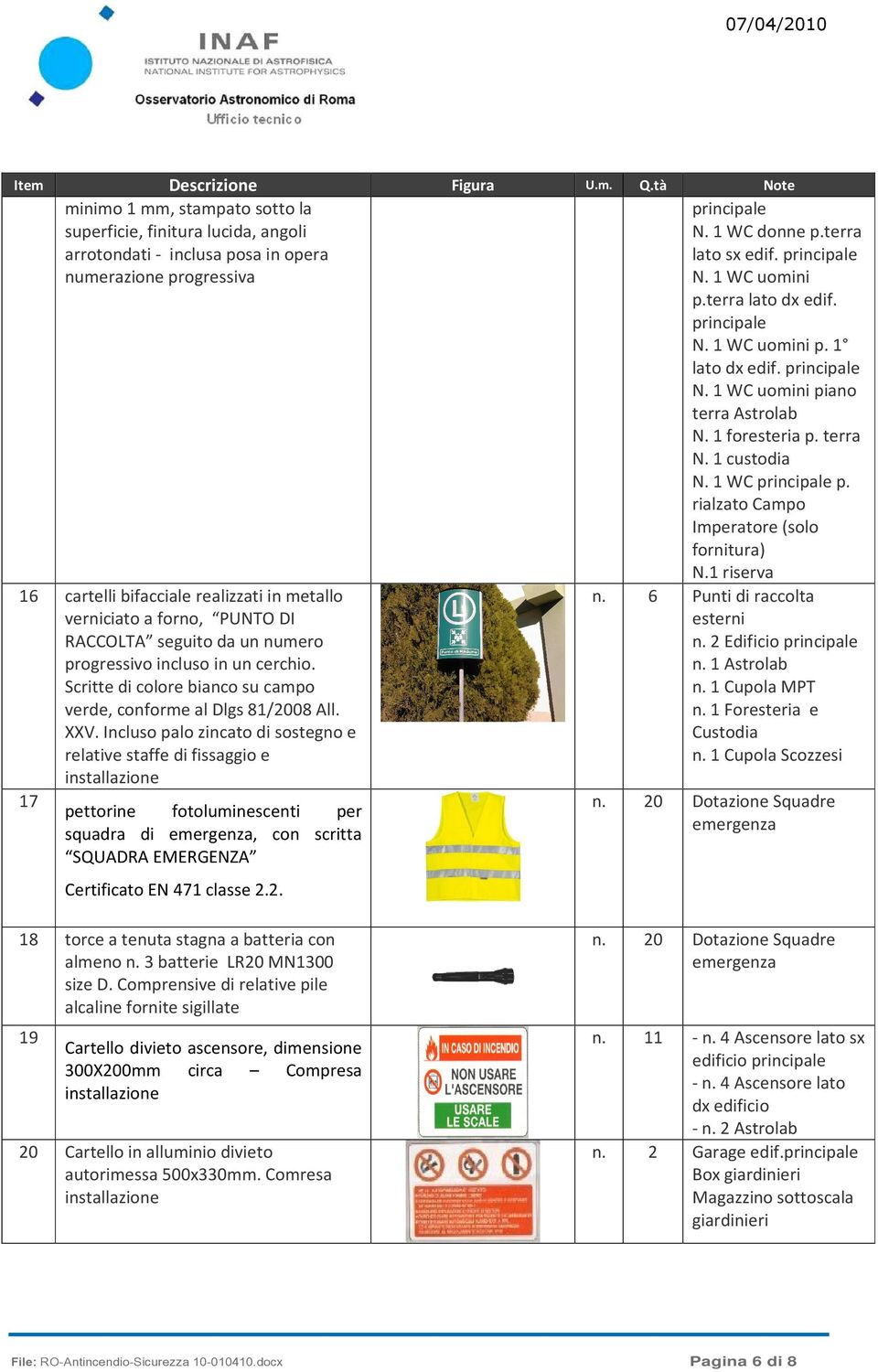 1 riserva 16 cartelli bifacciale realizzati in metallo verniciato a forno, PUNTO DI RACCOLTA seguito da un numero progressivo incluso in un cerchio.