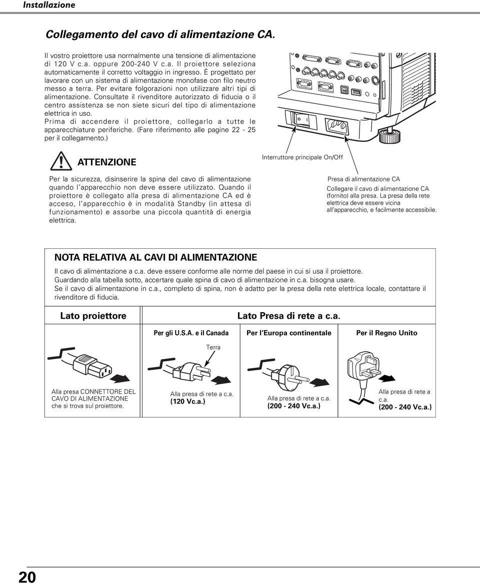 Consultate il rivenditore autorizzato di fiducia o il centro assistenza se non siete sicuri del tipo di alimentazione elettrica in uso.