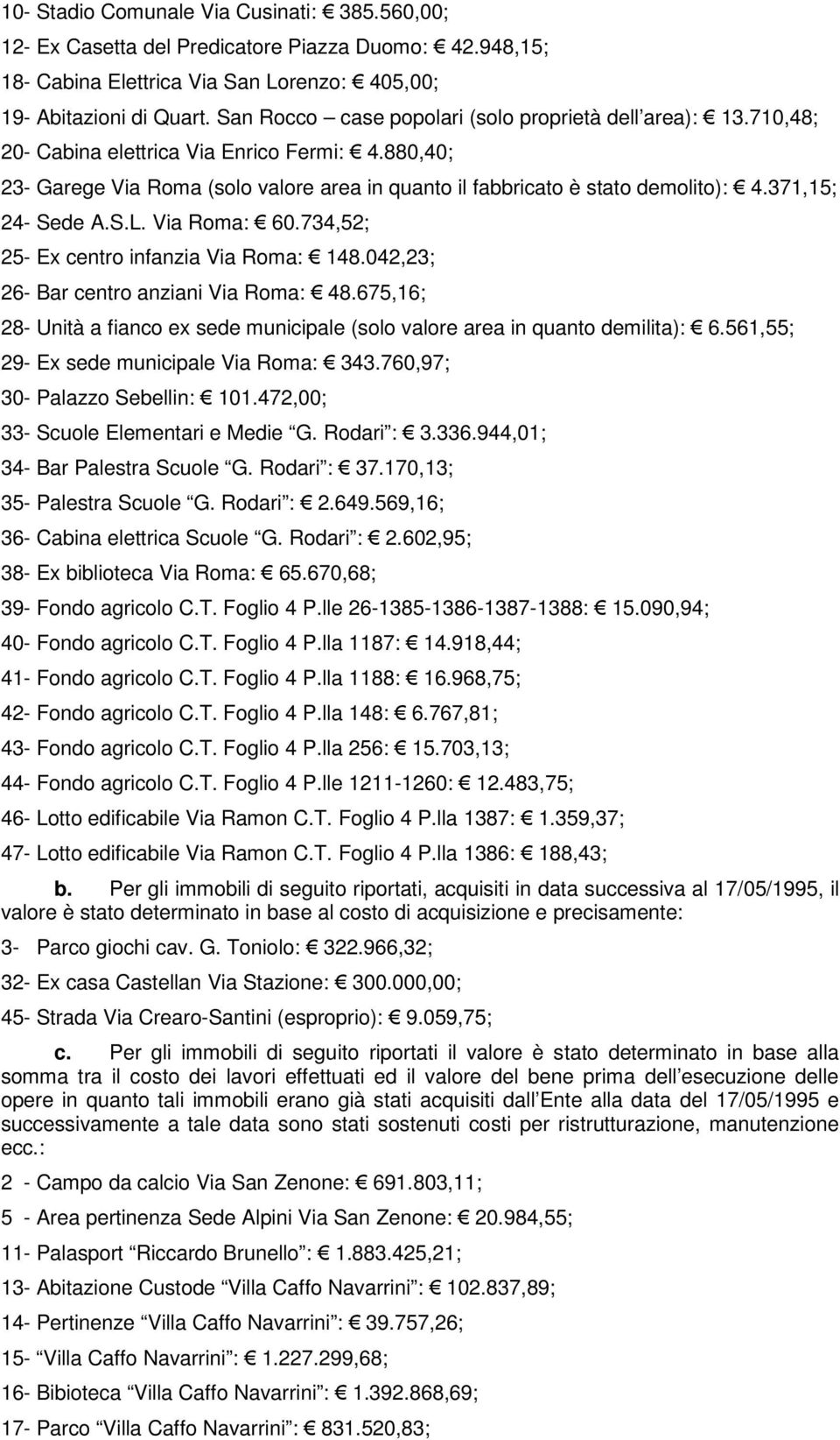 371,15; 24- Sede A.S.L. Via Roma: 60.734,52; 25- Ex centro infanzia Via Roma: 148.042,23; 26- Bar centro anziani Via Roma: 48.