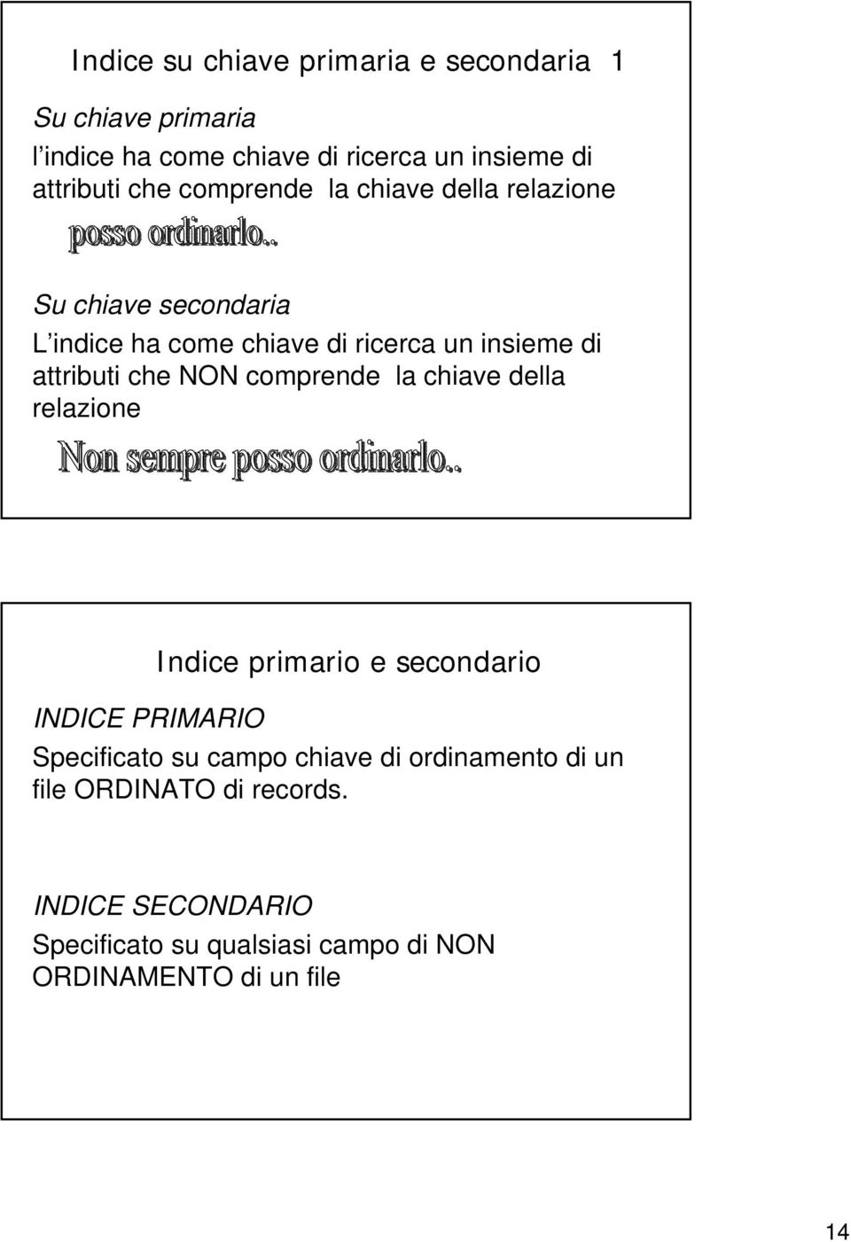 che NON comprende la chiave della relazione Indice primario e secondario INDICE PRIMARIO Specificato su campo chiave di