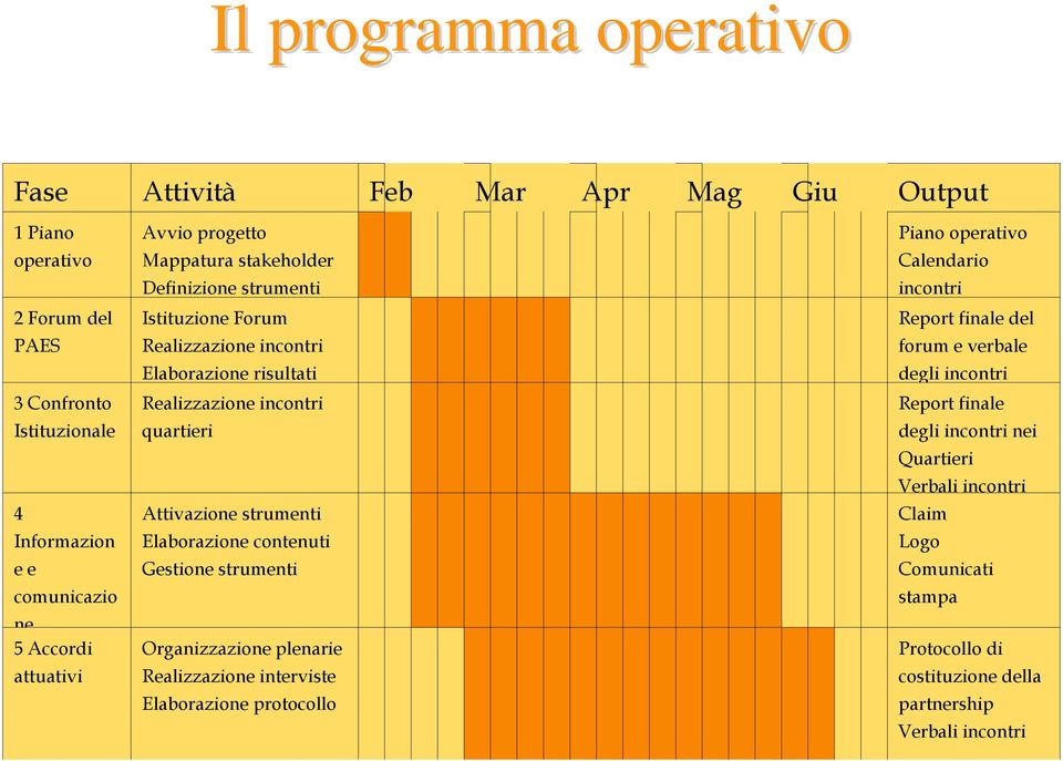 Attivazione strumenti Elaborazione contenuti Gestione strumenti Organizzazione plenarie Realizzazione interviste Elaborazione protocollo Piano operativo Calendario incontri