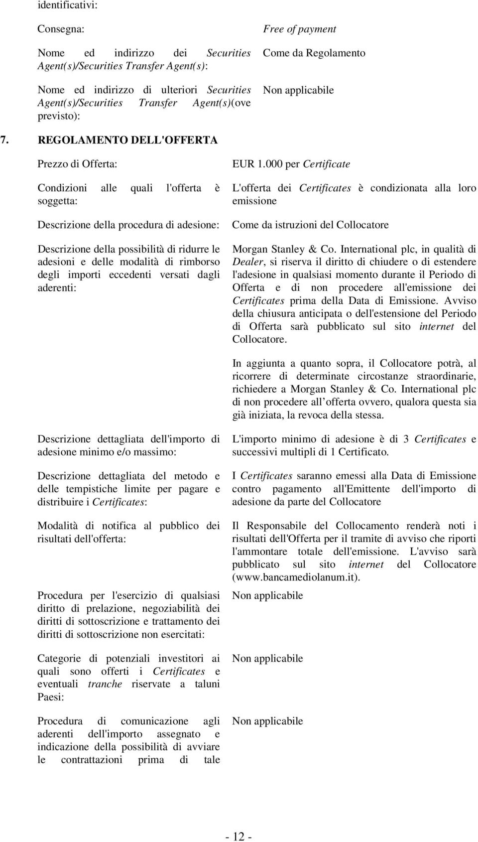 REGOLAMENTO DELL'OFFERTA Prezzo di Offerta: Condizioni alle quali l'offerta è soggetta: Descrizione della procedura di adesione: Descrizione della possibilità di ridurre le adesioni e delle modalità