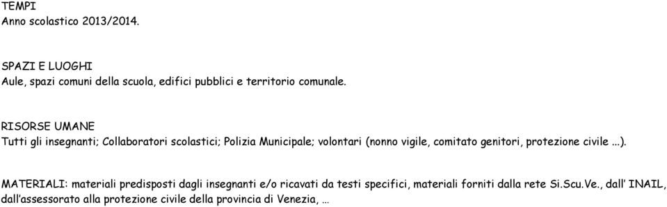 RISORSE UMANE Tutti gli insegnanti; Collaboratori scolastici; Polizia Municipale; volontari (nonno vigile, comitato