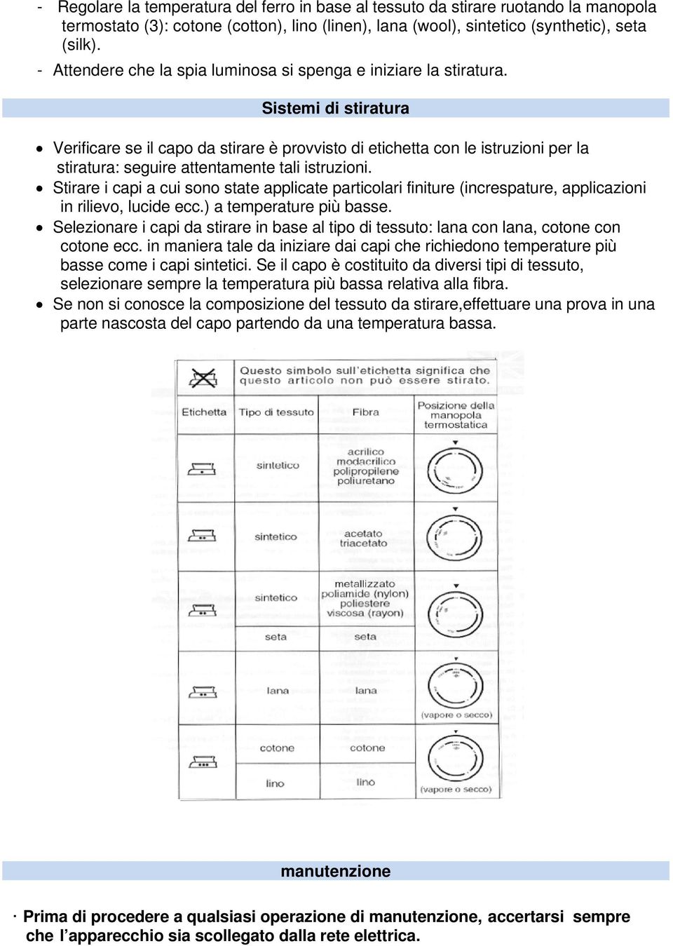 Sistemi di stiratura Verificare se il capo da stirare è provvisto di etichetta con le istruzioni per la stiratura: seguire attentamente tali istruzioni.