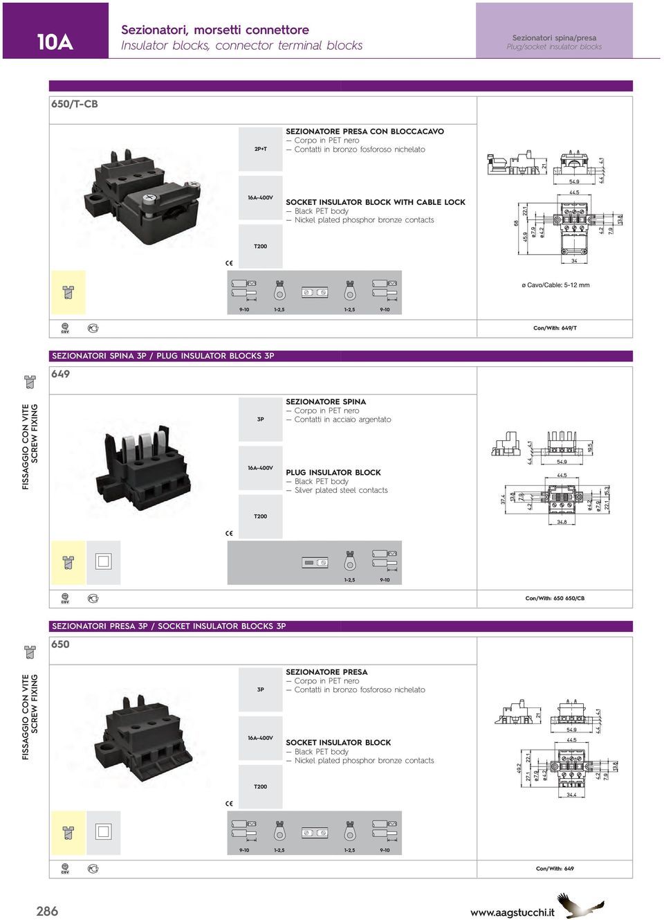 PRESA 3P / SOCKET INSULATOR BLOCKS 3P 650 3P SEZIONATORE SPINA Contatti in acciaio argentato PLUG INSULATOR BLOCK Silver plated steel contacts 1-2,5 SEZIONATORE PRESA