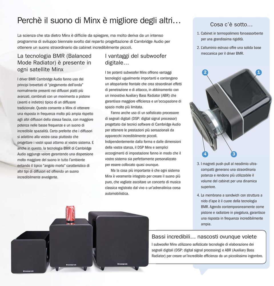 La tecnologia BMR (Balanced Mode Radiator) è presente in ogni satellite Minx I driver BMR Cambridge Audio fanno uso dei principi brevettati di piegamento dell onda normalmente presenti nei diffusori