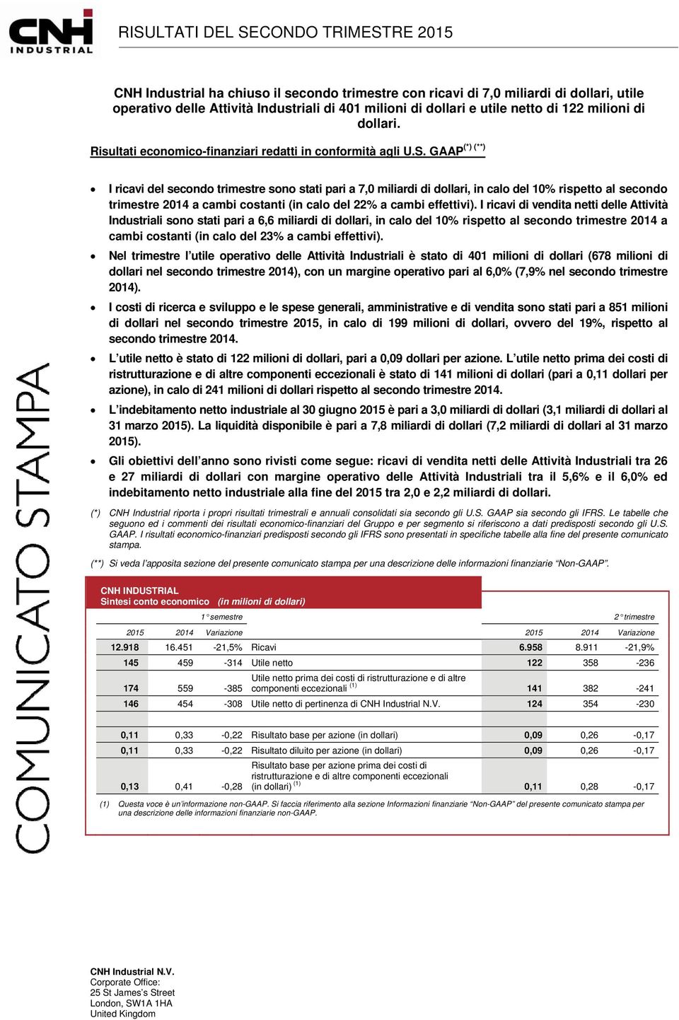 GAAP I ricavi del secondo trimestre sono stati pari a 7,0 miliardi di dollari, in calo del 10% rispetto al secondo trimestre 2014 a cambi costanti (in calo del 22% a cambi effettivi).