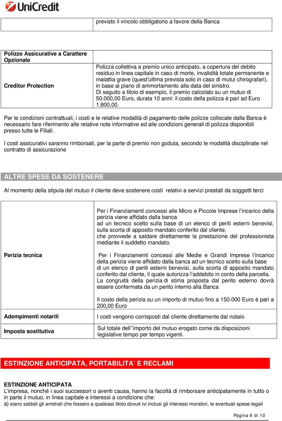 Di seguito a titolo di esempio, il premio calcolato su un mutuo di 50.000,00 Euro, durata 10 anni: il costo della polizza è pari ad Euro 1.800,00.