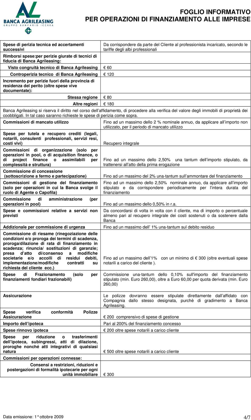 Cliente al professionista incaricato, secondo le tariffe degli albi professionali Banca Agrileasing si riserva il diritto nel corso dell affidamento, di procedere alla verifica del valore degli