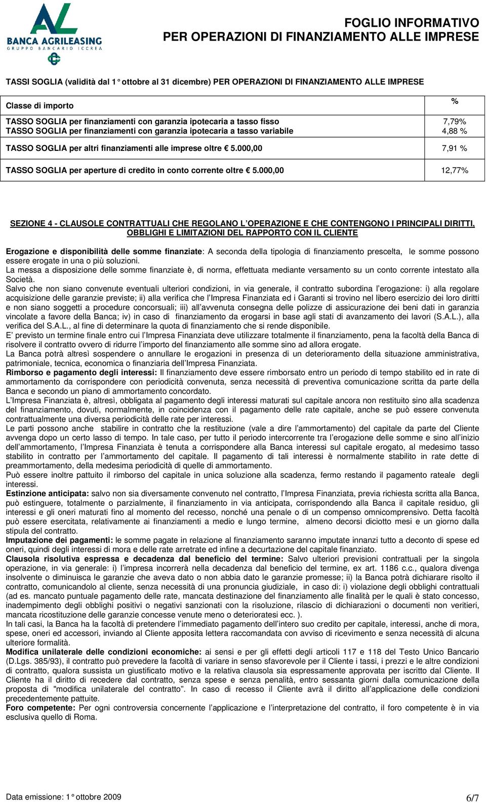 000,00 12,77% SEZIONE 4 - CLAUSOLE CONTRATTUALI CHE REGOLANO L OPERAZIONE E CHE CONTENGONO I PRINCIPALI DIRITTI, OBBLIGHI E LIMITAZIONI DEL RAPPORTO CON IL CLIENTE Erogazione e disponibilità delle