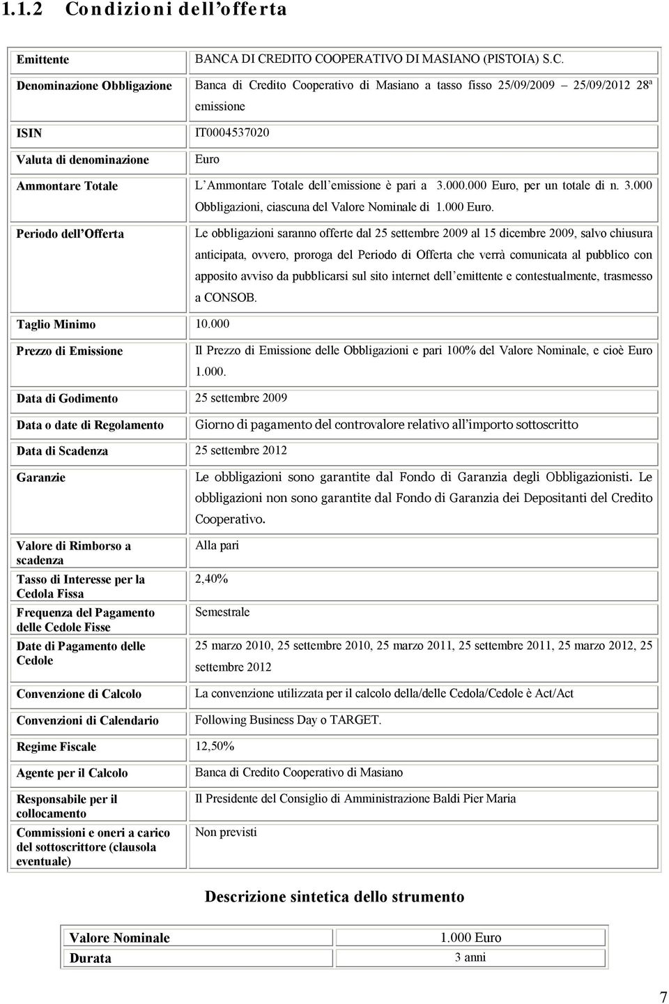 DI CREDITO COOPERATIVO DI MASIANO (PISTOIA) S.C. Denominazione Obbligazione Banca di Credito Cooperativo di Masiano a tasso fisso 25/09/2009 25/09/2012 28ª emissione ISIN Valuta di denominazione