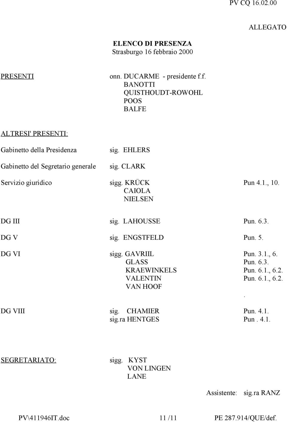 f. BANOTTI QUISTHOUDT-ROWOHL POOS BALFE ALTRESI' PRESENTI: Gabinetto della Presidenza Gabinetto del Segretario generale sig. EHLERS sig.