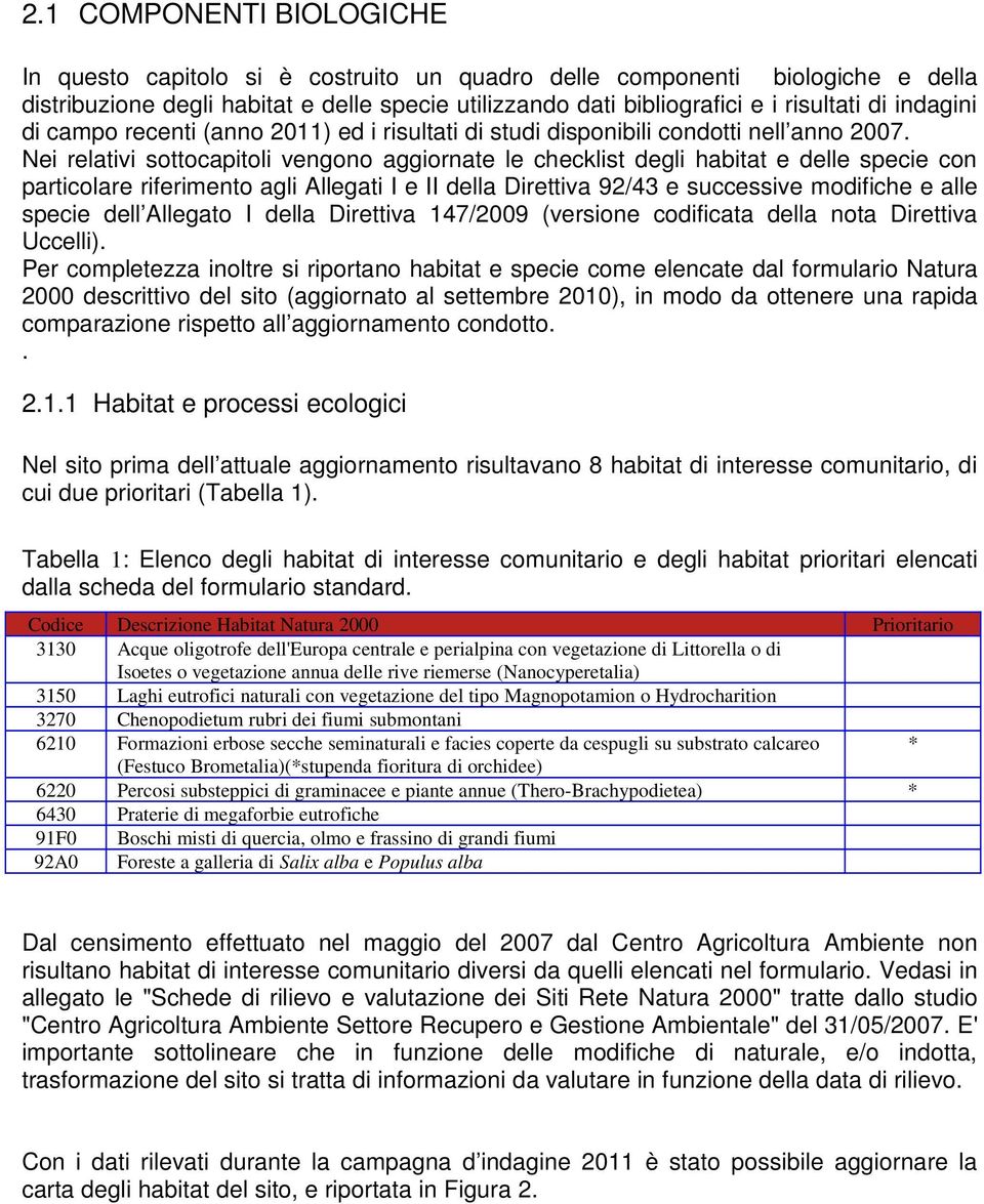 Nei relativi sottocapitoli vengono aggiornate le checklist degli habitat e delle specie con particolare riferimento agli Allegati I e II della Direttiva 92/43 e successive modifiche e alle specie