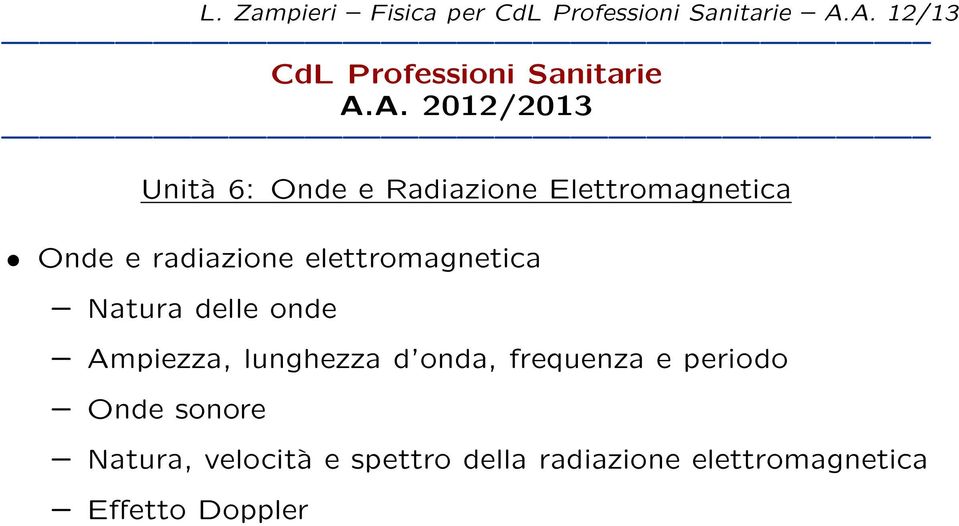 Elettromagnetica Onde e radiazione elettromagnetica Natura delle onde Ampiezza,