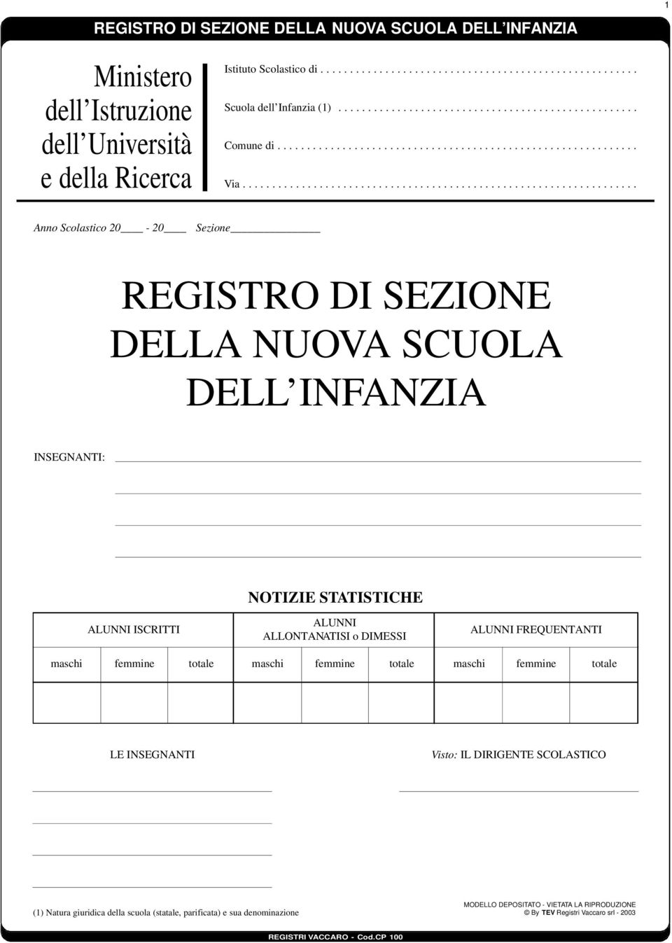 .................................................................. Anno Scolastico 20-20 Sezione REGISTRO DI SEZIONE DELLA NUOVA SCUOLA DELL INFANZIA INSEGNANTI: ALUNNI ISCRITTI NOTIZIE STATISTICHE