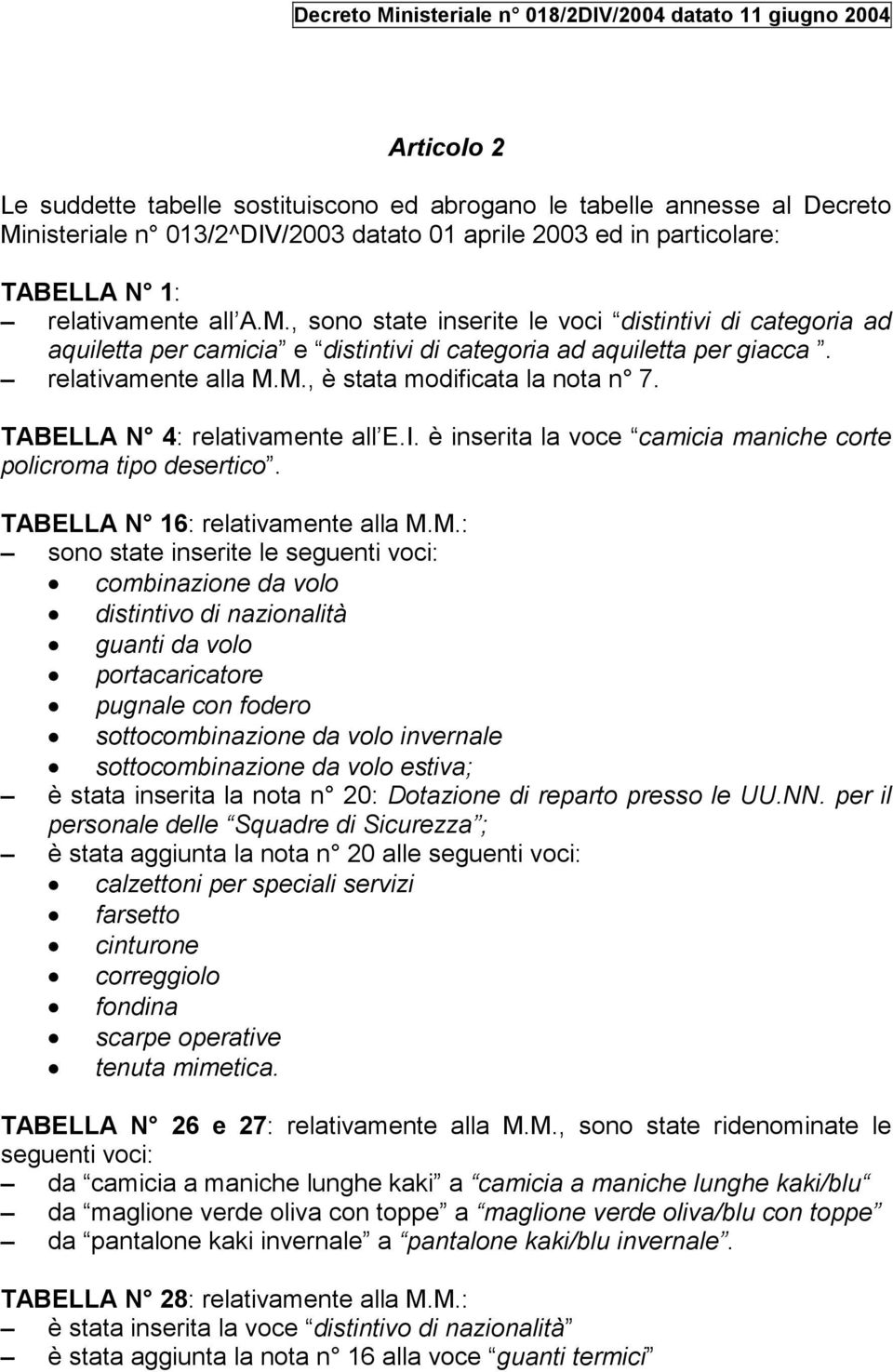 , sono state inserite le voci distintivi di categoria ad aquiletta per camicia e distintivi di categoria ad aquiletta per giacca. relativamente alla M.M., è stata modificata la nota n 7.