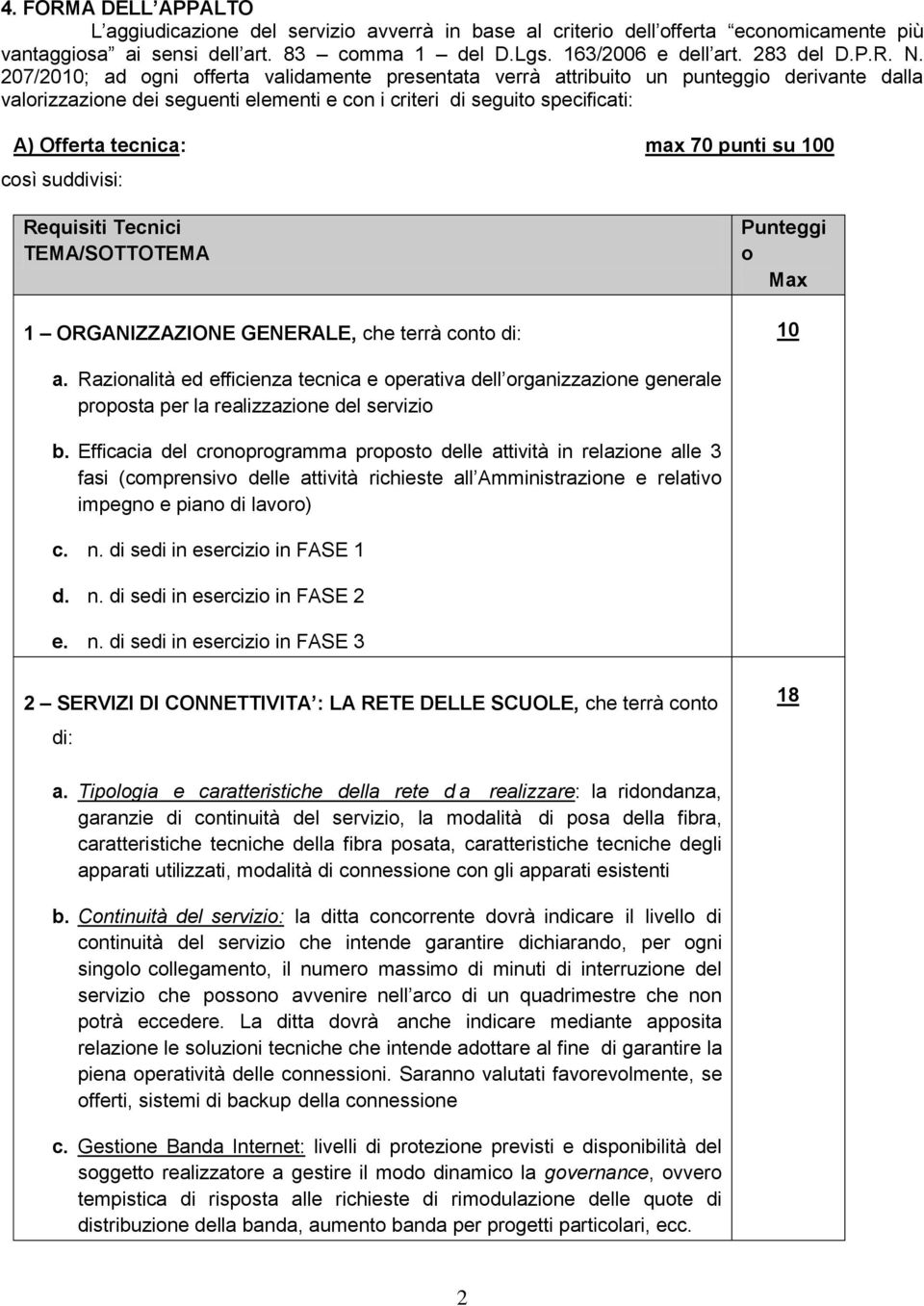 punti su 100 così suddivisi: Requisiti Tecnici TEMA/SOTTOTEMA 1 ORGANIZZAZIONE GENERALE, che terrà conto di: Punteggi o Max 10 a.