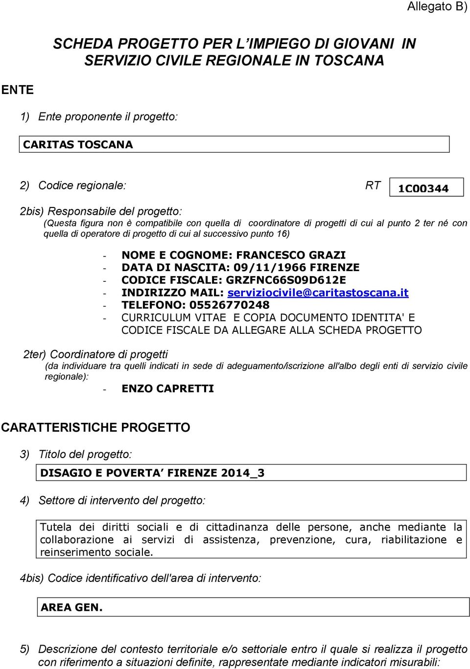 DATA DI NASCITA: 09/11/1966 FIRENZE - CODICE FISCALE: GRZFNC66S09D612E - INDIRIZZO MAIL: serviziocivile@caritastoscana.