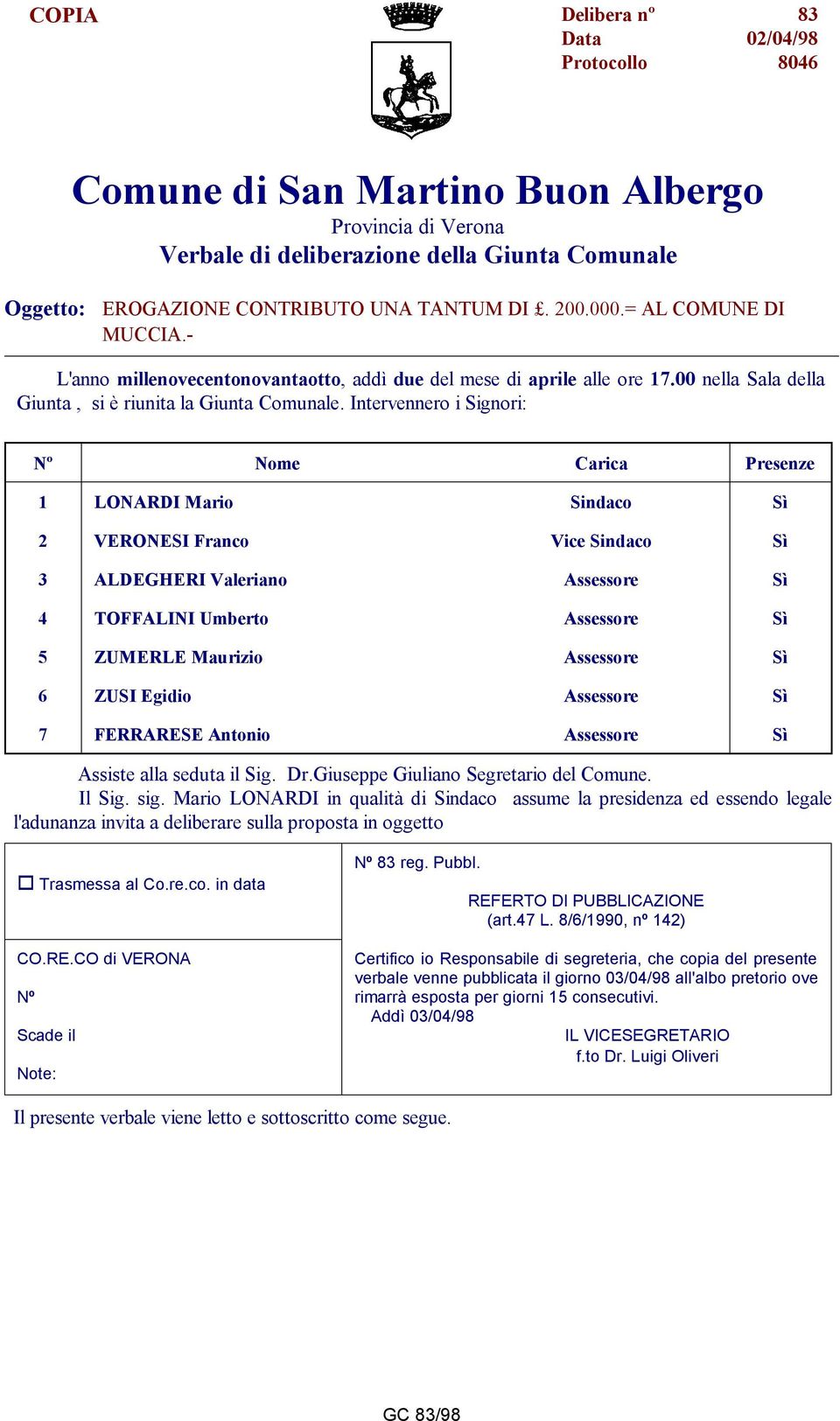 Intervennero i Signori: Nº Nome Carica Presenze 1 LONARDI Mario Sindaco Sì 2 VERONESI Franco Vice Sindaco Sì 3 ALDEGHERI Valeriano Assessore Sì 4 TOFFALINI Umberto Assessore Sì 5 ZUMERLE Maurizio