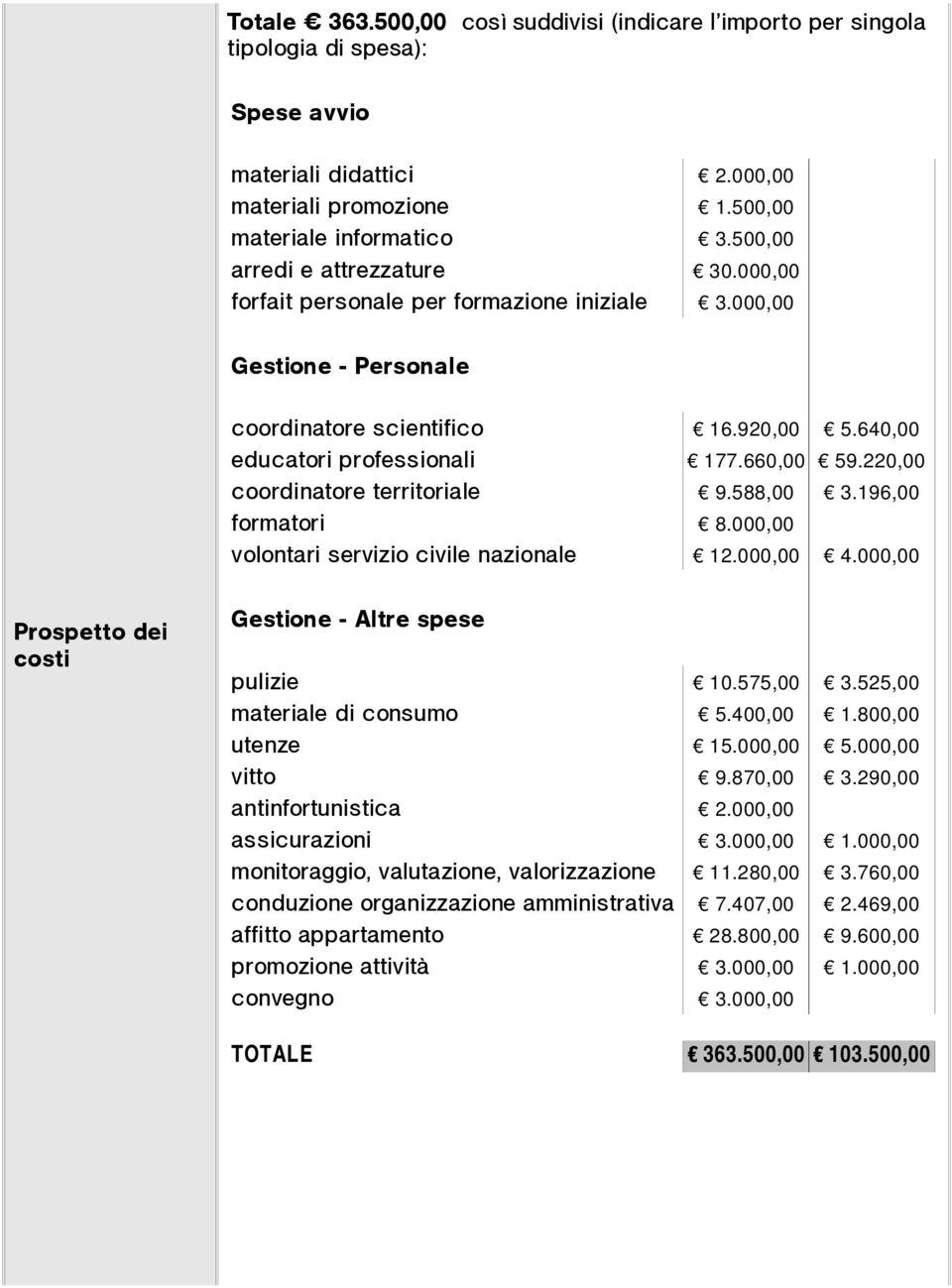 220,00 coordinatore territoriale 9.588,00 3.196,00 formatori 8.000,00 volontari servizio civile nazionale 12.000,00 4.000,00 Prospetto dei costi Gestione - Altre spese pulizie 10.575,00 3.