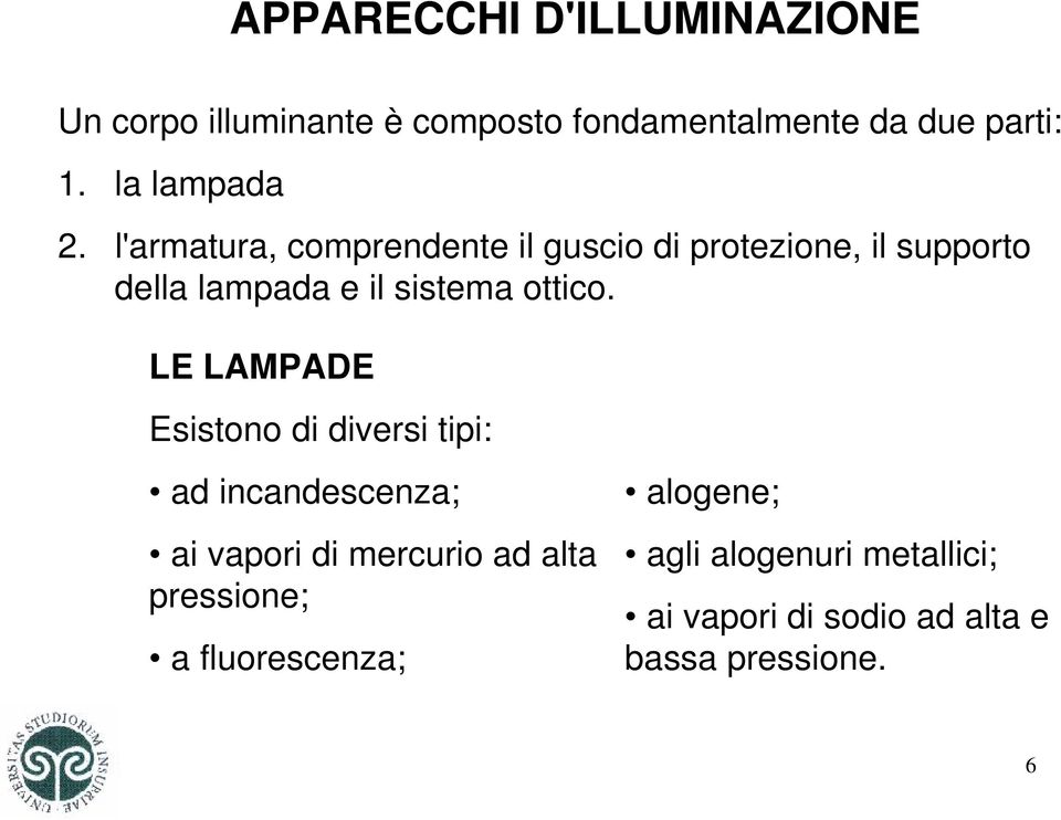 l'armatura, comprendente il guscio di protezione, il supporto della lampada e il sistema ottico.