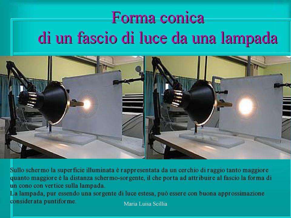 sorgente, il che porta ad attribuire al fascio la forma di un cono con vertice sulla lampada.