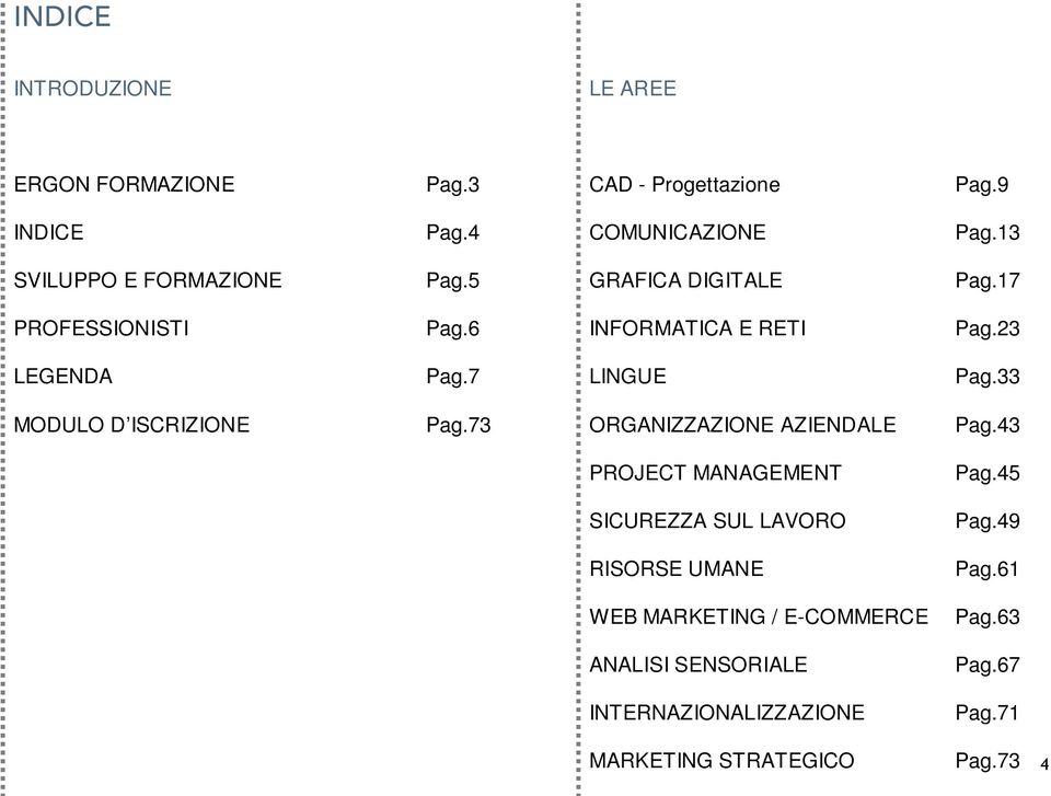 7 LINGUE Pag.33 MODULO D ISCRIZIONE Pag.73 ORGANIZZAZIONE AZIENDALE Pag.43 PROJECT MANAGEMENT Pag.