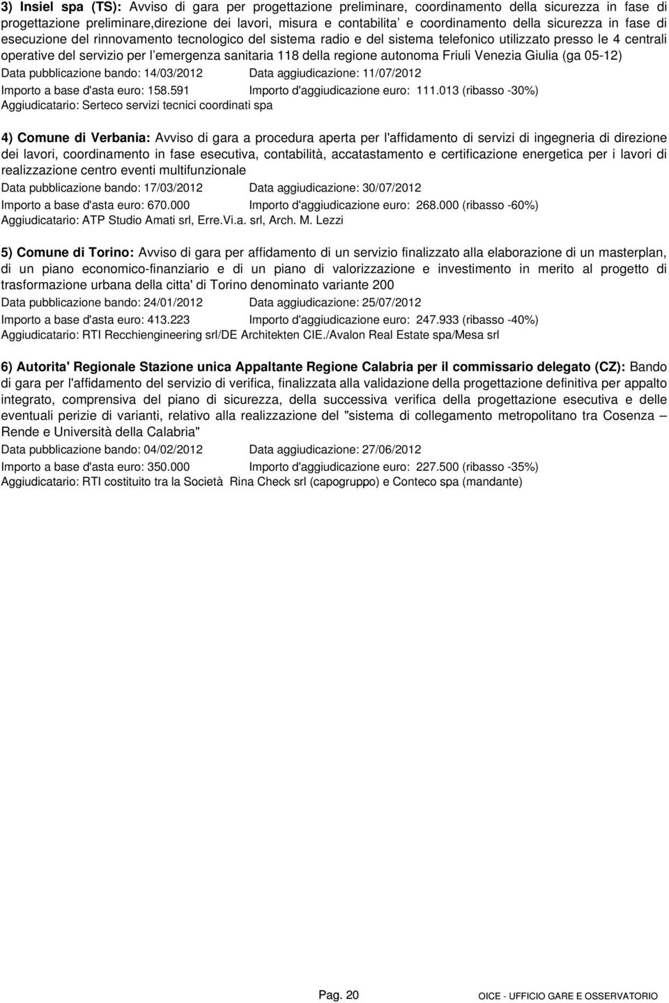 regione autonoma Friuli Venezia Giulia (ga 0512) Data pubblicazione bando: 14/03/2012 Data aggiudicazione: 11/07/2012 Importo a base d'asta euro: 158.591 Importo d'aggiudicazione euro: 111.