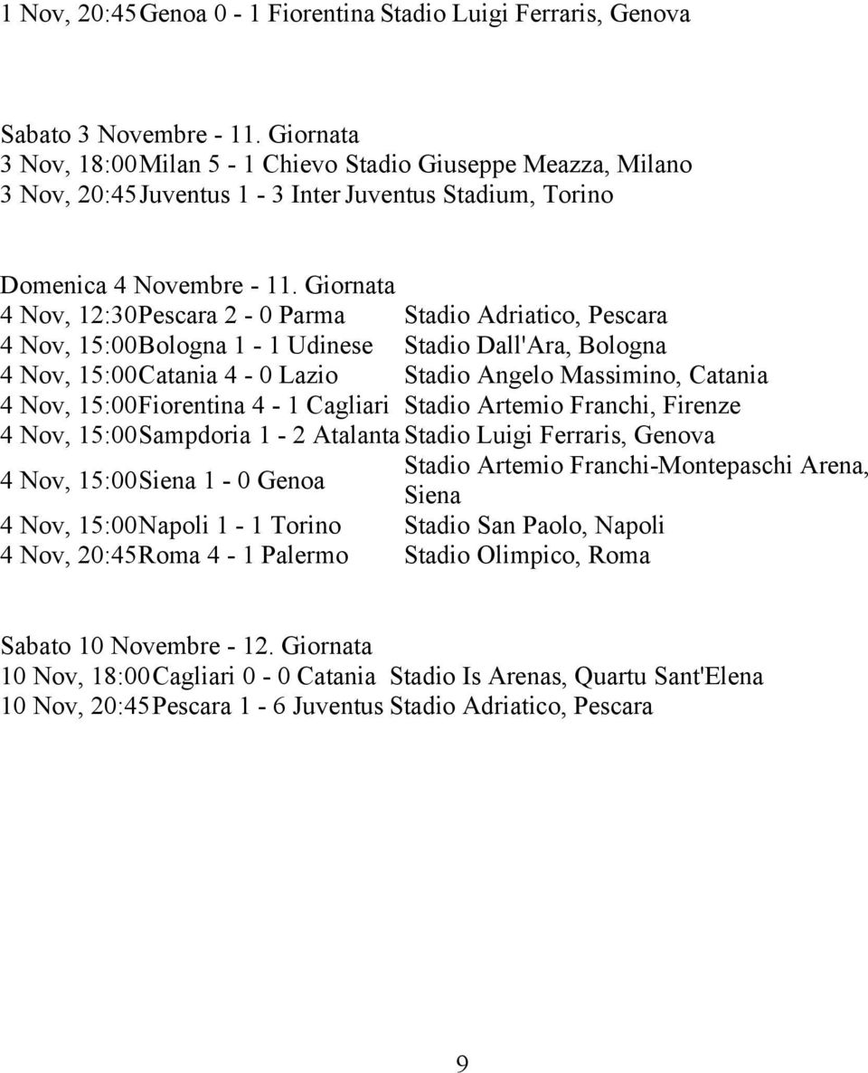 Giornata 4 Nov, 12:30Pescara 2-0 Parma Stadio Adriatico, Pescara 4 Nov, 15:00Bologna 1-1 Udinese Stadio Dall'Ara, Bologna 4 Nov, 15:00Catania 4-0 Lazio Stadio Angelo Massimino, Catania 4 Nov,