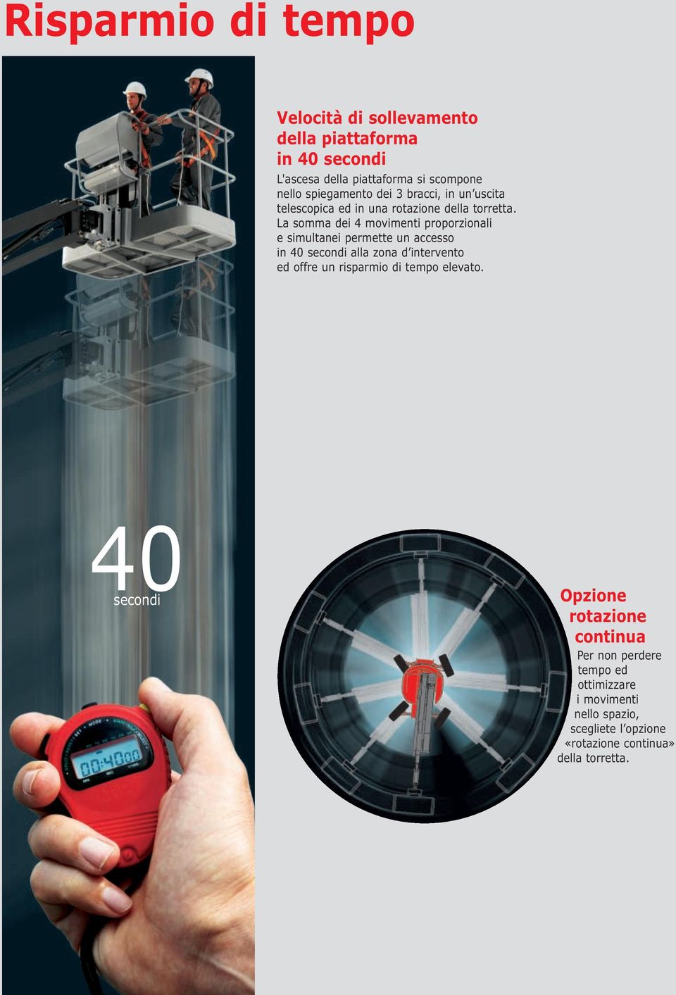 La somma dei 4 movimenti proporzionali e simultanei permette un accesso in 40 secondi alla zona d intervento ed offre un