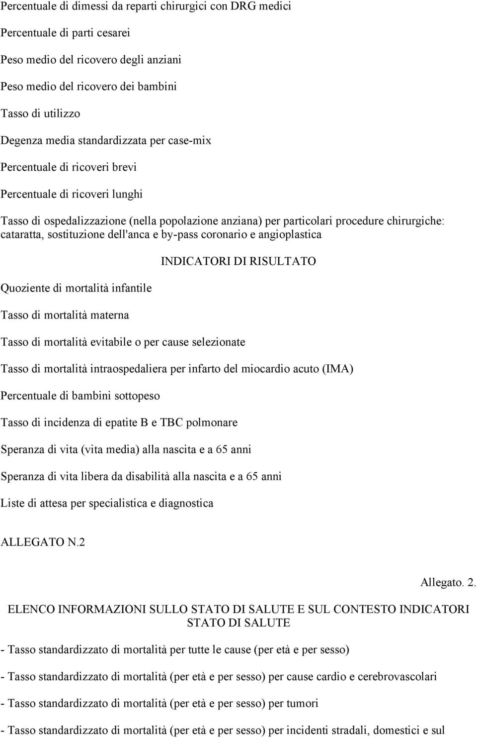 sostituzione dell'anca e by-pass coronario e angioplastica Quoziente di mortalità infantile Tasso di mortalità materna INDICATORI DI RISULTATO Tasso di mortalità evitabile o per cause selezionate