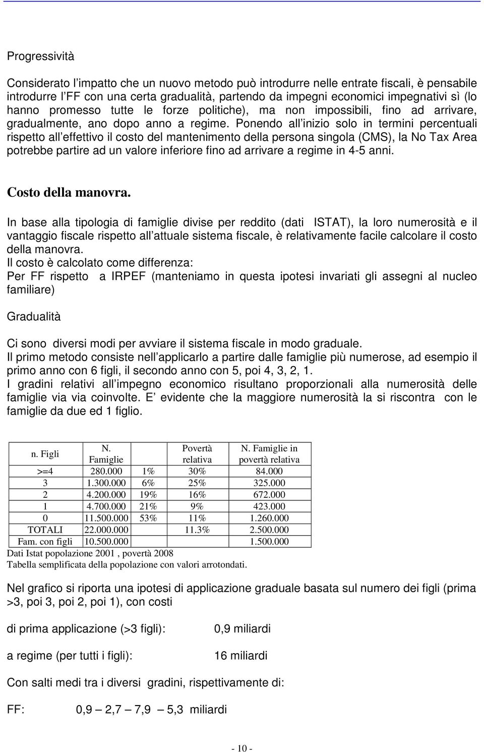 Ponendo all inizio solo in termini percentuali rispetto all effettivo il costo del mantenimento della persona singola (CMS), la No Tax Area potrebbe partire ad un valore inferiore fino ad arrivare a