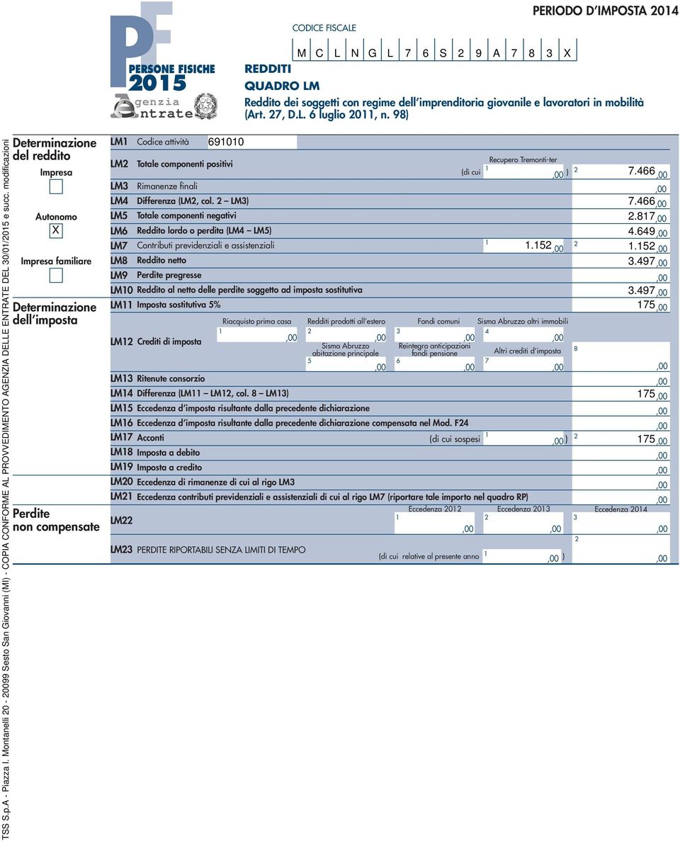 modificazioni Determinazione del reddito LM attività Impresa Recupero Tremonti-ter LM Totale componenti positivi (di cui ). Autonomo X LM LM LM LM Rimanenze finali Differenza (LM, col.