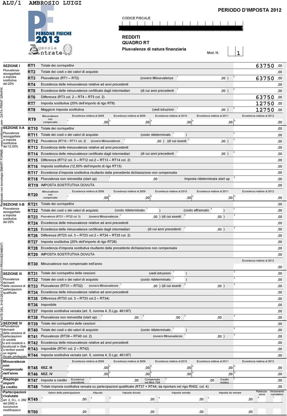 RT) (ovvero Minusvalenze ) (di cui esenti ) RT Totale dei corrispettivi Totale dei costi o dei valori di acquisto Plusvalenze (RT RT) Eccedenza delle minusvalenze relative ad anni precedenti