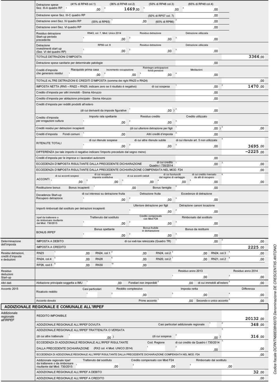 IMPOSTA NETTA (RN RN RN; indicare zero se il risultato è negativo) Credito d imposta per altri immobili - Sisma Abruzzo Credito d imposta per abitazione principale - Sisma Abruzzo Credito d imposta