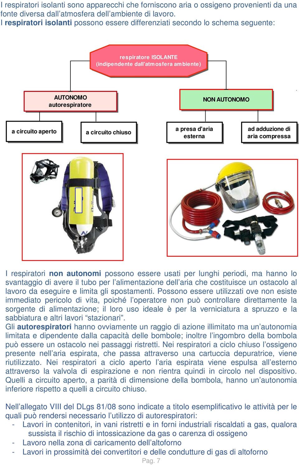 circuito chiuso a presa d'aria esterna ad adduzione di aria compressa I respiratori non autonomi possono essere usati per lunghi periodi, ma hanno lo svantaggio di avere il tubo per l alimentazione