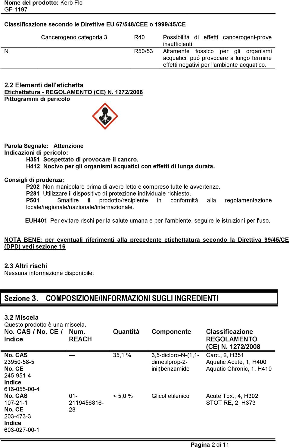 1272/2008 Pittogrammi di pericolo Parola Segnale: Attenzione Indicazioni di pericolo: H351 Sospettato di provocare il cancro. H412 Nocivo per gli organismi acquatici con effetti di lunga durata.