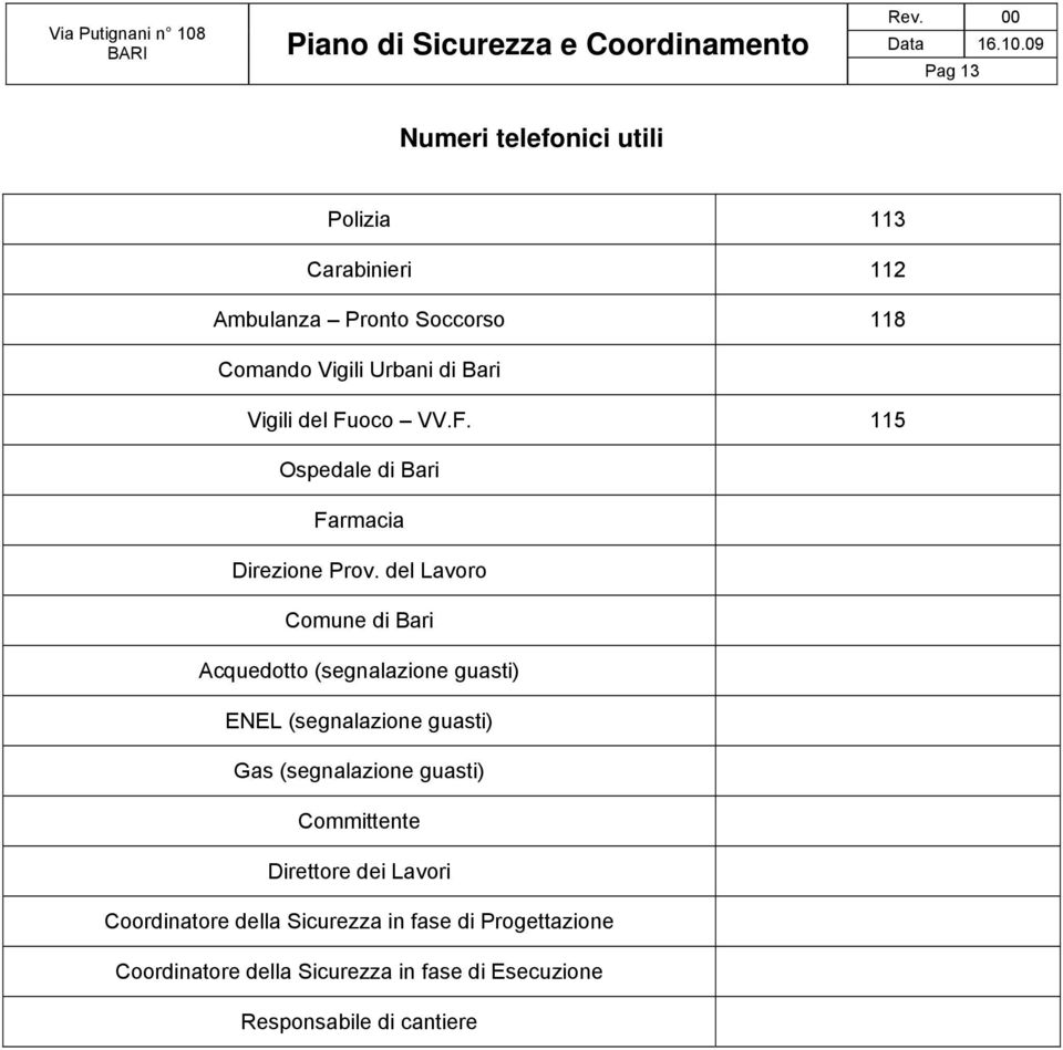 del Lavoro Comune di Bari Acquedotto (segnalazione guasti) ENEL (segnalazione guasti) Gas (segnalazione guasti)