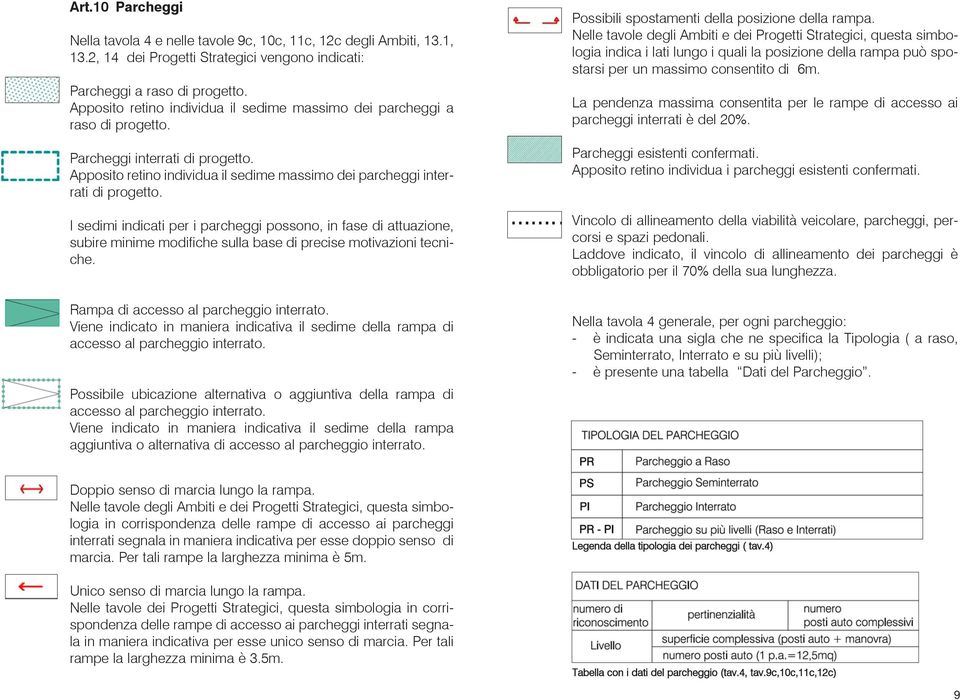 I sedimi indicati per i parcheggi possono, in fase di attuazione, subire minime modifiche sulla base di precise motivazioni tecniche. Rampa di accesso al parcheggio interrato.