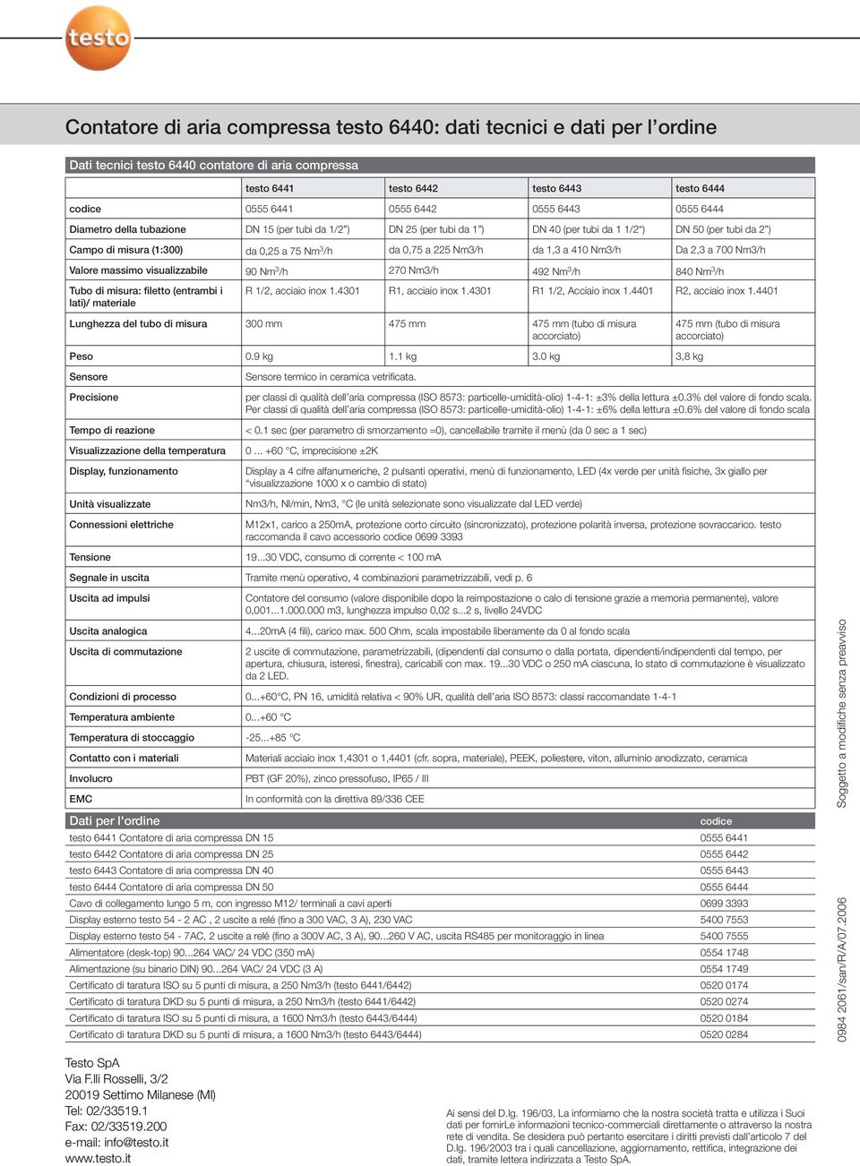 225 Nm3/h da 1,3 a 410 Nm3/h Da 2,3 a 700 Nm3/h Valore massimo visualizzabile 90 Nm 3 /h 270 Nm3/h 492 Nm 3 /h 840 Nm 3 /h Tubo di misura: filetto (entrambi i lati)/ materiale R 1/2, acciaio inox 1.