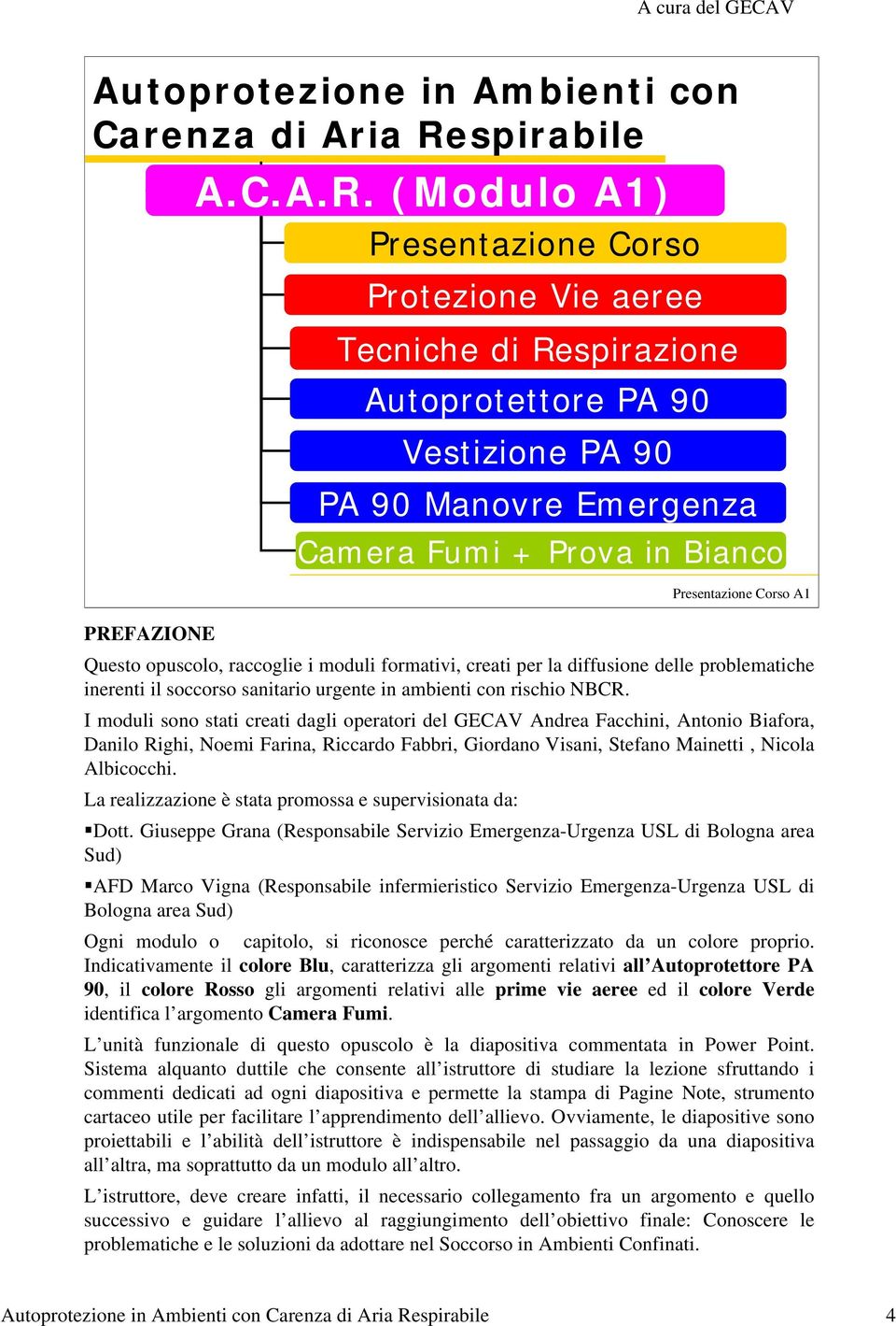 (Modulo A1) Presentazione Corso Protezione Vie aeree Tecniche di Respirazione Autoprotettore PA 90 Vestizione PA 90 PA 90 Manovre Emergenza Camera Fumi + Prova in Bianco Presentazione Corso A1