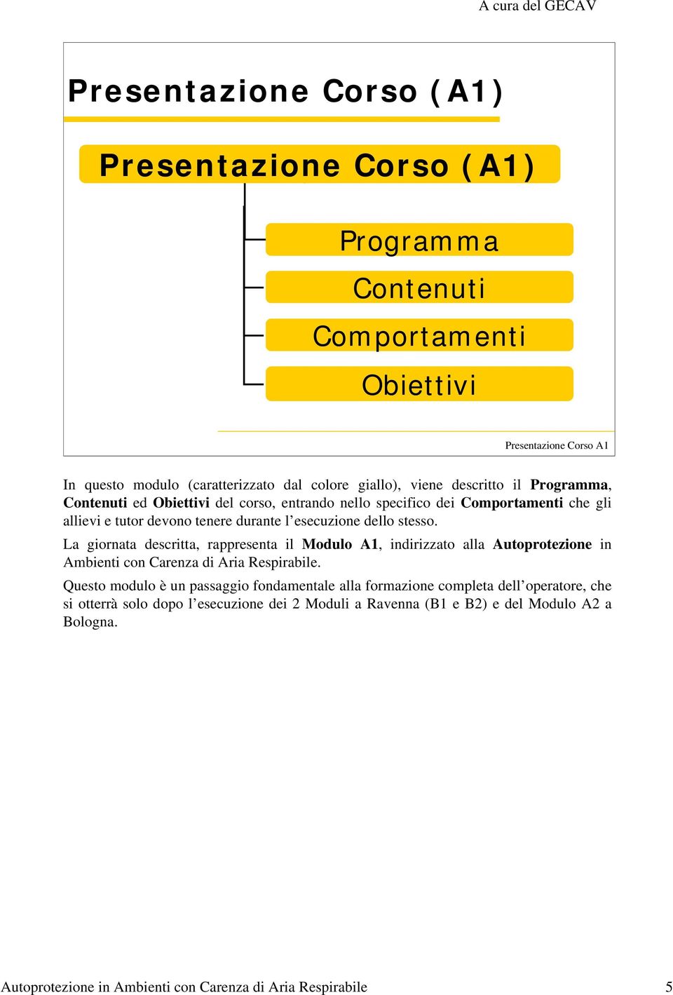 esecuzione dello stesso. La giornata descritta, rappresenta il Modulo A1, indirizzato alla Autoprotezione in Ambienti con Carenza di Aria Respirabile.