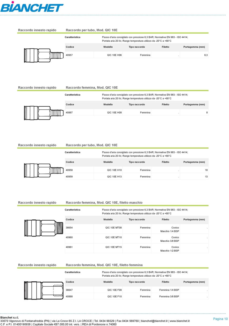 QIC 10E Portata aria 20 l/s; Range temperatura utilizzo da -20 C a +80 C 40958 QIC 10E H10 Femmina. 10 40959 QIC 10E H13 Femmina. 13 Raccordo innesto rapido Raccordo femmina, Mod.