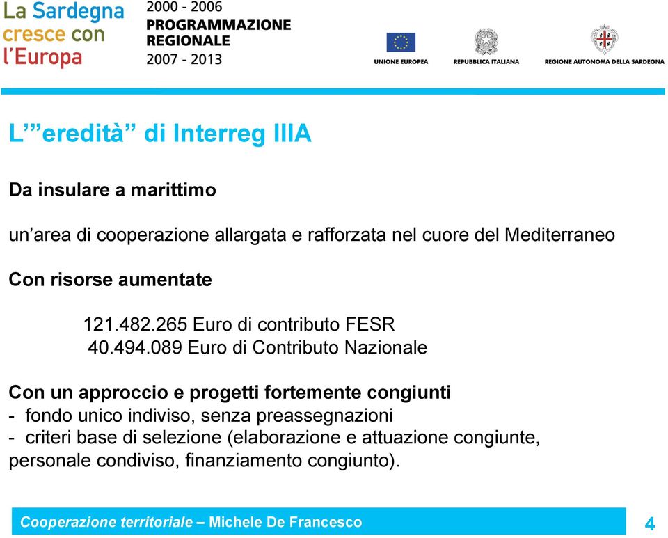 089 Euro di Contributo Nazionale Con un approccio e progetti fortemente congiunti - fondo unico indiviso,