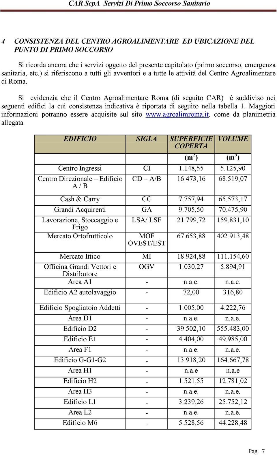 Si evidenzia che il Centro Agroalimentare Roma (di seguito CAR) è suddiviso nei seguenti edifici la cui consistenza indicativa è riportata di seguito nella tabella 1.