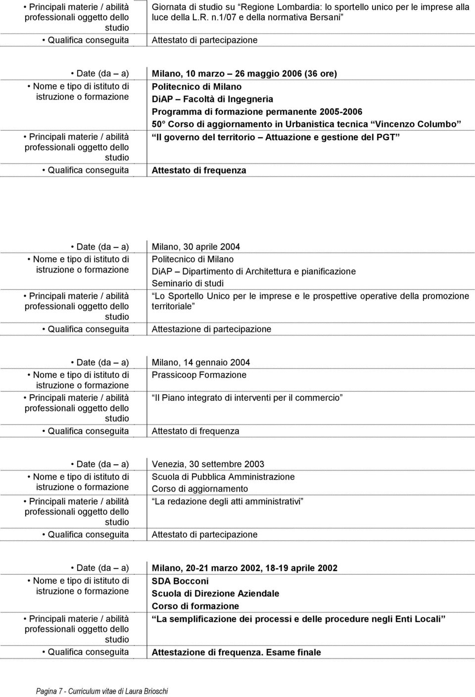 2005-2006 50 Corso di aggiornamento in Urbanistica tecnica Vincenzo Columbo Il governo del territorio Attuazione e gestione del PGT Attestato di frequenza Date (da a) Milano, 30 aprile 2004