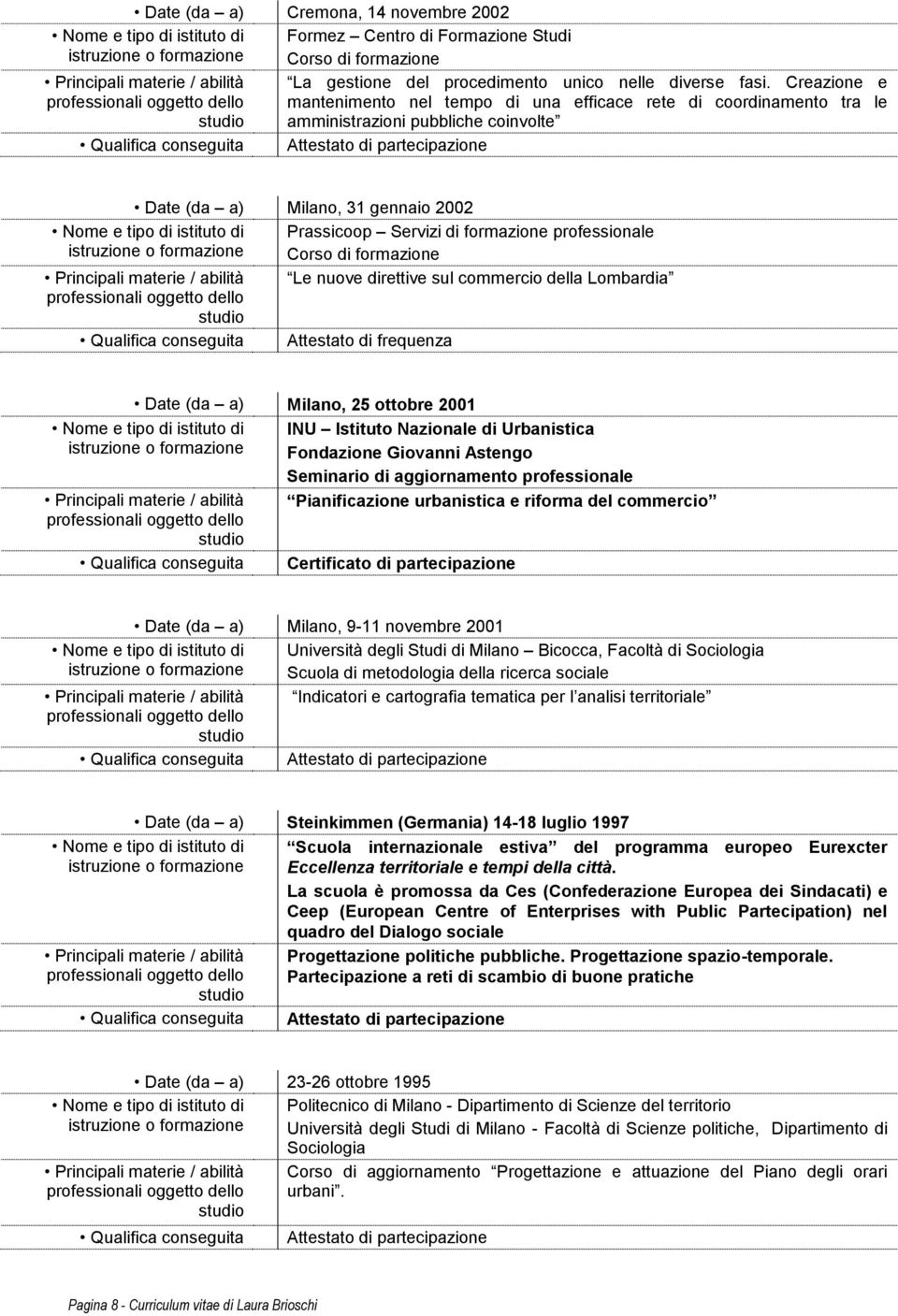 di formazione professionale Corso di formazione Le nuove direttive sul commercio della Lombardia Attestato di frequenza Date (da a) Milano, 25 ottobre 2001 INU Istituto Nazionale di Urbanistica