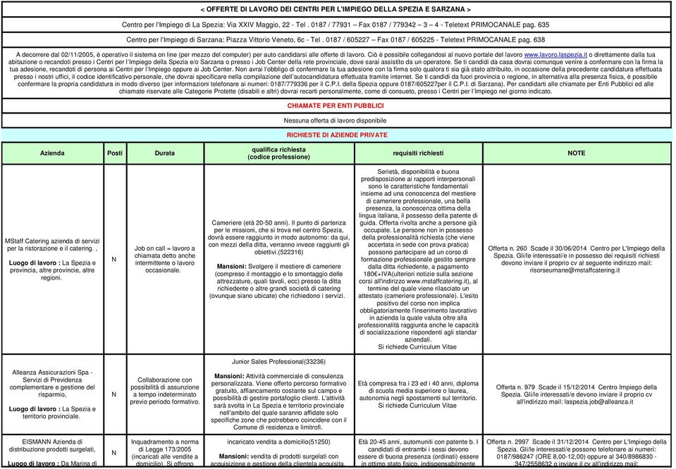 68 A decorrere dal 02//2005, è operativo il sistema on line (per mezzo del computer) per auto candidarsi alle offerte di lavoro. Ciò è possibile collegandosi al nuovo portale del lavoro www.lavoro.laspezia.