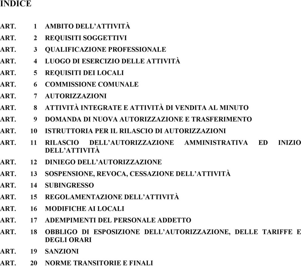 11 RILASCIO DELL AUTORIZZAZIONE AMMINISTRATIVA ED INIZIO DELL ATTIVITÀ ART. 12 DINIEGO DELL AUTORIZZAZIONE ART. 13 SOSPENSIONE, REVOCA, CESSAZIONE DELL ATTIVITÀ ART. 14 SUBINGRESSO ART.