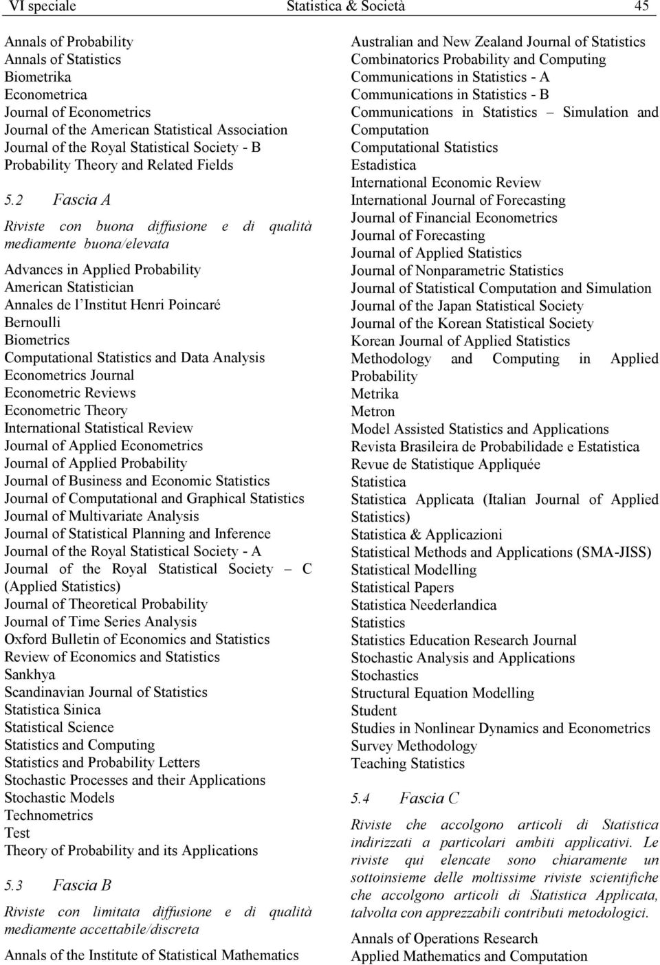 2 Fascia A Riviste con buona diffusione e di qualità mediamente buona/elevata Advances in Applied Probability American Statistician Annales de l Institut Henri Poincaré Bernoulli Biometrics